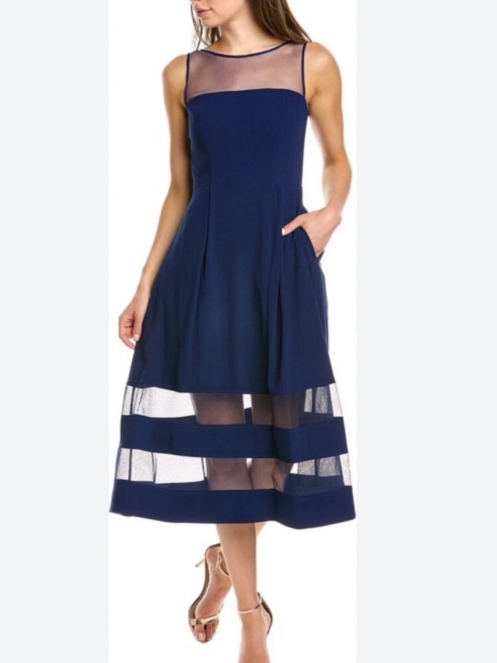 Aidan Mattox Navy Midi Dress with Sheer Insets